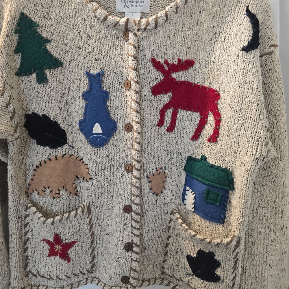 Vtg Christopher &Banks Hand Embroidered Cardigan Moose Bear Fish Woodland S NWT* - Picture 3 of 15